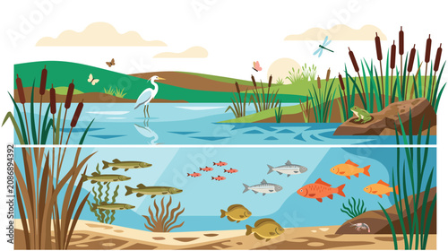 Fotografía Healthy pond environment with fish, frog, and bird.