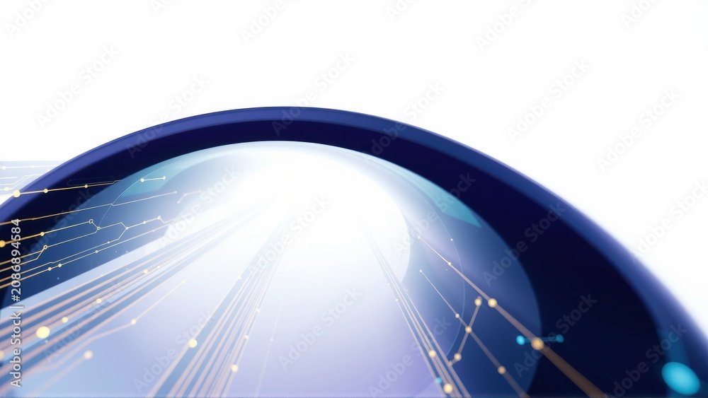 Fototapeta premium Abstract tunnel view. Bright light radiates forward, suggesting speed, technology, future concepts. Dark blue framing surrounds white glow.