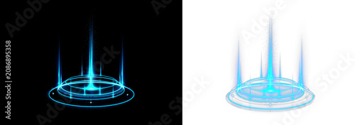 Magical teleport gateway sparkles with luminous rings and layered holographic light. Blue glow emphasizes the futuristic concept