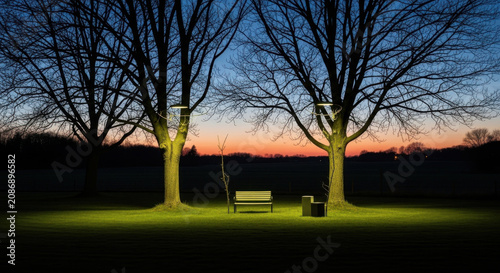 Peaceful Park Bench Under Illuminated Trees At Dusk