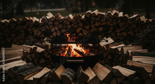 Outdoor Fire Pit With Abundant Firewood Stacked Around It Awaiting A Gathering