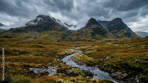 Dramatic landscape of the three sisters mountains in glencoe, scotland