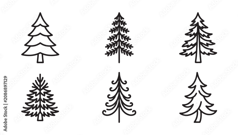 Fototapeta premium Set of hand drawn coniferous tree icons in outline style with evergreen woodland illustration collection isolated minimalist botanical environmental seasonal landscape wilderness