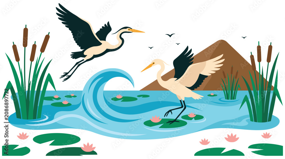 Fototapeta premium Heron and egret birds flying over blue water wetland.