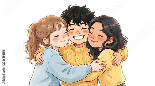 Three friends embracing digital illustration with soft coloring
