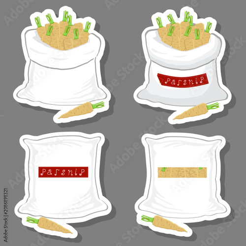 Big vegetable set from tasty parsnip in large textured sacks
