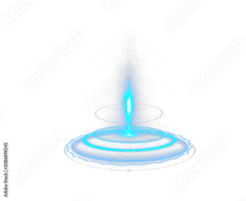 Radiant teleport portal with glowing holographic rings and blue energy waves. Transparent PNG effect creates a futuristic sci-fi atmosphere.