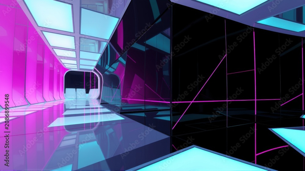 Fototapeta premium Futuristic corridor glows with vibrant neon lights. Dark space contrasts bright pinks, blues, creating immersive scene. Reflections abound.