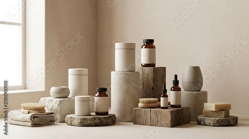 Natural organic skincare and cosmetic products arranged on stone pedestals in a bright room. Curated Product Lineup