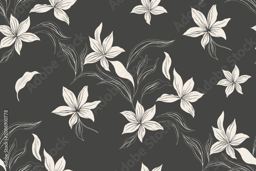 Lily seamless floral pattern with white botanical flowers on charcoal background.