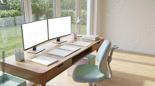Modern home office setup with dual monitors and natural light