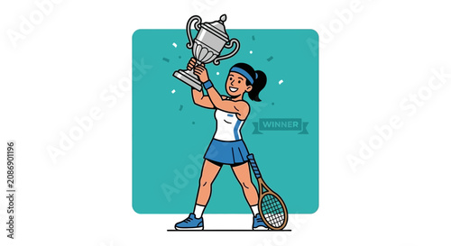 Female tennis champion celebrating us open victory with silver trophy