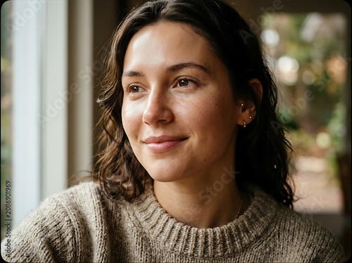 Young woman with curly hair in natural light portrait.