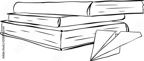 Fotografie book and notebook with paper airplane School composition Black and white hand drawn illustration