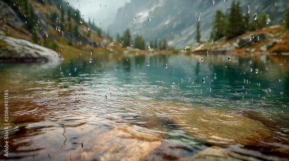 Obraz premium A rain-streaked, close-up view of a vibrant blue mountain lake, surrounded by trees and rocks, with mountains in the background