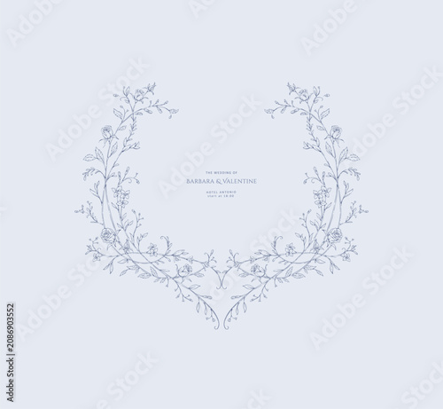 Floral whimsical rococo frame. Vintage flowers and botanical calligraphy for packaging, wedding greeting card