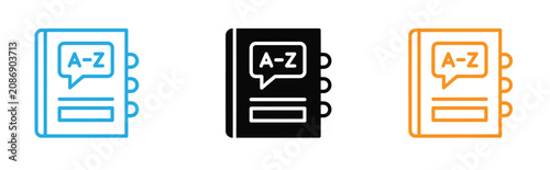 Canvas Print Dictionary A-Z icon set in blue, Black, And orange colors for language learning and reference vector illustration