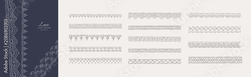 Set of whimsical scalloped crochet seamless borders. Hand drawn doodle illustration of lace ornaments. Vintage dollies elements for wedding invitations