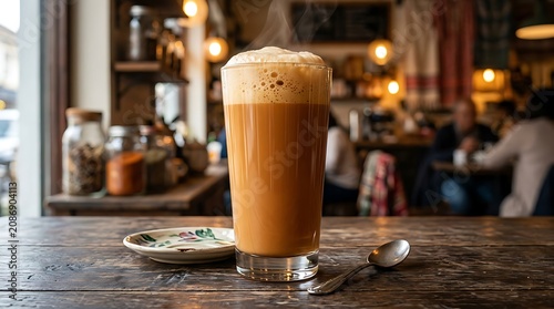 Glass of frothy orange juice on wooden table with coffee.