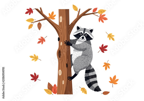 Raccoon climbing up a tree trunk.