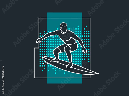 Digital Surfer Line Art Illustration on Teal Pixel Background
