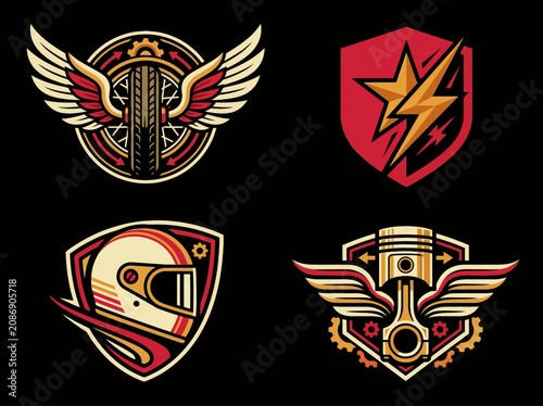 Cuadro en lienzo Retro motorcycle racing logo collection featuring wings, wheel, helmet, piston,