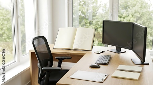 Modern office desk setup with computer and open book