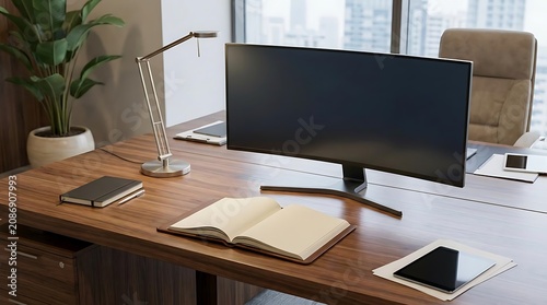 Modern office desk setup with computer monitor and notebook