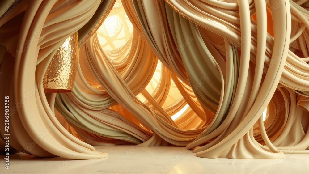 Fototapeta premium Abstract interior features flowing beige forms. Light source creates warm glow, highlighting curved walls, smooth surfaces. Minimalist design.