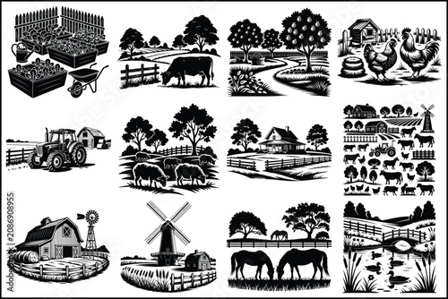 Farm and countryside illustrations in black and white colors