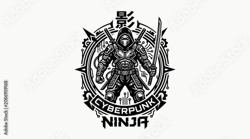 Fotografie Cyberpunk Ninja Warrior with Katana, Sci-Fi Assassin, Futuristic Warrior