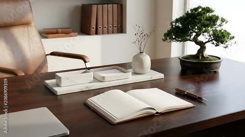 Organized desk with bonsai tree and open notebook for work