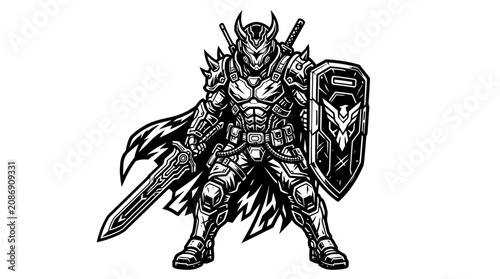 Foto Fantasy Warrior Knight with Sword and Shield, Sci-Fi Armor, Comic Style