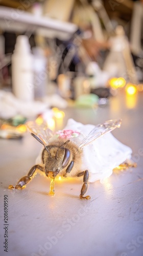 Hyper Realistic Fantasy Bee with Iridescent Fabric and Golden Liquid Effects