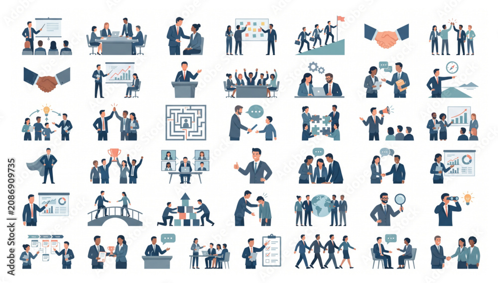 Fototapeta premium Professional business concept illustration set featuring teamwork collaboration and corporate growth icons in flat vector style business teamwork collaboration management corporate strategy