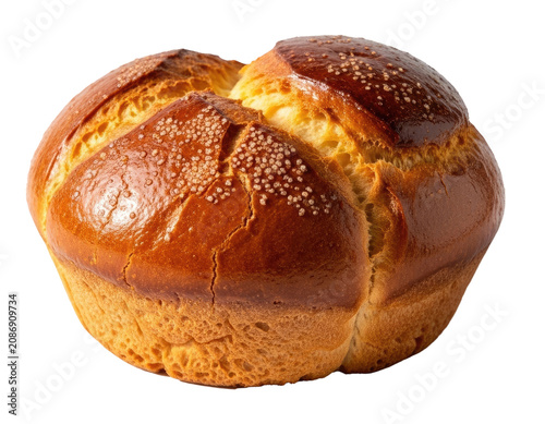 A golden-brown challah bread sits on a transparent background. The braided loaf has a glossy sheen and a sprinkling of sesame seeds.