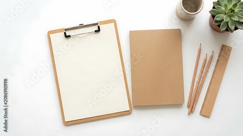 Workspace flat lay with clipboard notebook and pencils on white background