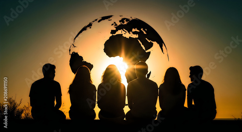 Group of Friends Silhouetted Against Sunset with Large Bird Perched on Rock in Dramatic Lighting