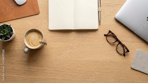 Workspace overhead view with coffee and laptop technology