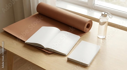 Yoga mat and wellness journal on a wooden table near a window