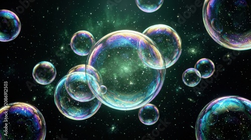 Iridescent bubbles floating in a dark, starry cosmic background, suggesting a multiverse or multiple universes concept.