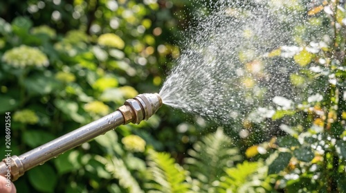 Gardener spraying water on plants with a hose nozzle in a lush green garden.