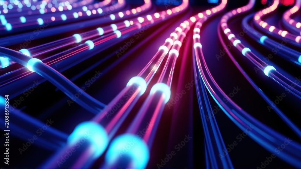 Fototapeta premium Abstract glowing lines converge, creating futuristic digital network. Vivid blue, pink hues dominate dark background. Dynamic perspective.
