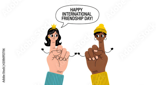 Two Friends Celebrating International Friendship Day with Raised Hands and Smiles