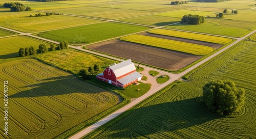 A drone captures a stunning aerial view of a vast, rolling landscape dominated by vibrant green fields. A classic red barn stands prominently in the center, nestled amongst the cultivated land.