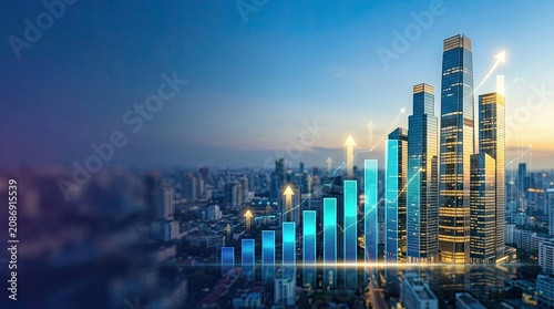 A vibrant cityscape at dusk features towering skyscrapers and a prominent set of bar graphs floating in the foreground.