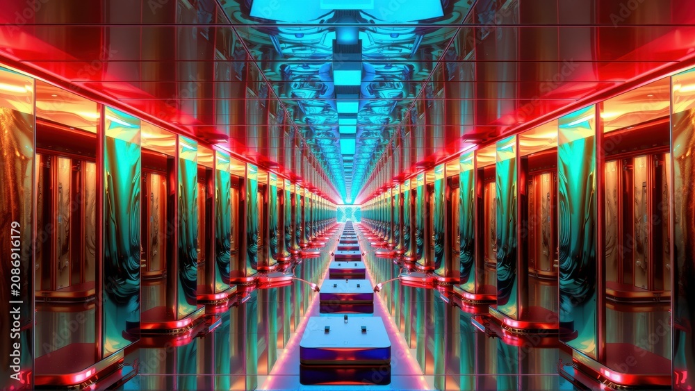 Fototapeta premium Infinite corridor. Reflective surfaces create repeating patterns. Bright neon lights illuminate dark space. Futuristic design evokes digital world.