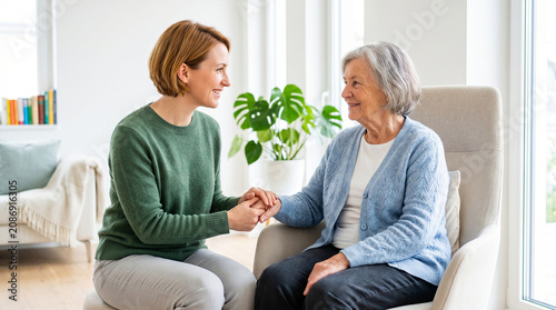 Female caregiver holding hands with senior woman during supportive home visit