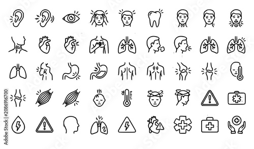 Foto Medical Symptom Vector Icon Set with Ear Eye Heart Lung Pain and Healthcare Warn