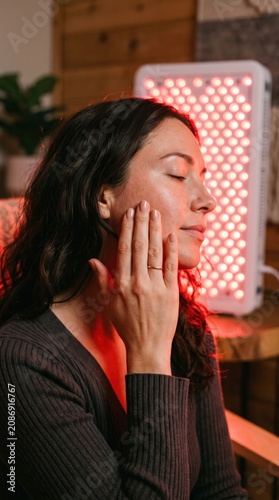 Woman using red light therapy panel for facial skincare treatment. Wellness routine with LED lamps for skin rejuvenation and anti aging. Alternative medicine and beauty technology.